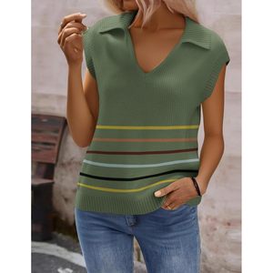 Gilet en tricot sans manches pour femme, col en V, léger, haut d'été décontracté, pull élégant, rayé vert - Product Image 3