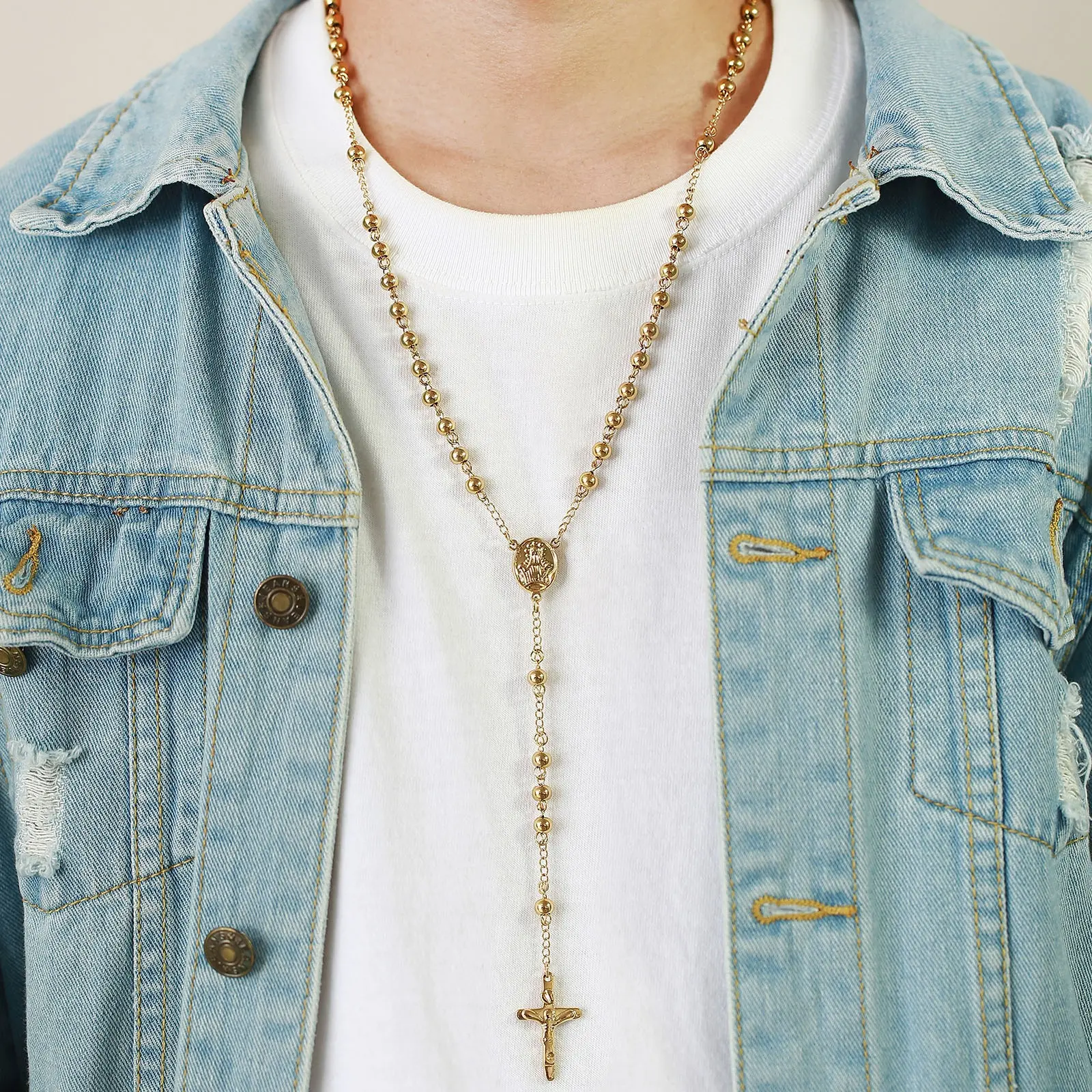 Мужская и Женская Длинная цепочка из нержавеющей стали, религиозное католическое ожерелье с крестом из бисера, позолоченное ожерелье с четками