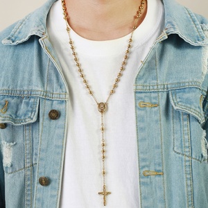Collar De Rosario chapado en oro con cuentas de Cruz de Jesús católico religioso de cadena larga de acero inoxidable para hombres <span class=keywords><strong>y</strong></span> mujeres - Product Image 1