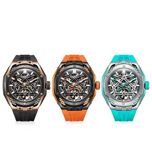 GELATU 6008 Casual Sport Machinery Watches For Men Fashion Orange Top Brand Leather Automatic Wrist Watch Men