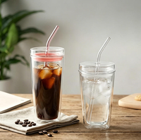Gobelet à eau réutilisable en verre borosilicate haute résistance, à double paroi, avec couvercle en silicone et paille en verre
