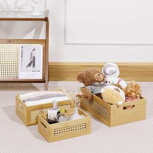 Caixa de armazenamento de vime com moldura de bambu natural, caixa de armazenamento de vime com alça, gaveta e escritório, decoração de mesa, armário de lavanderia, caixa de prateleira - Product Image 2