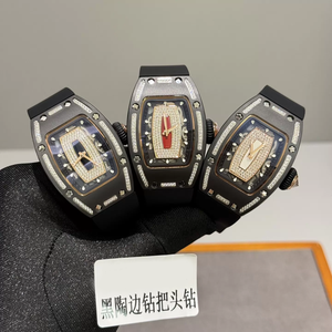 Montre mécanique de luxe pour femme style RM 07-01, boîtier tonneau serti de diamants, montre sport en céramique noire, bracelet en caoutchouc, design à liseré - Product Image 1