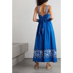 Abito da donna maxi in popeline di <span class=keywords><strong>lino</strong></span> ricamato con motivo a fiocco blu cobalto con zip e bretelle - Product Image 2