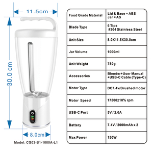 Useful Portable Powered Drink Blender Cup Low Noise Household Strong Smoothie Machine Chopper BPA-Free USB-C 1000ML - Product Image 6