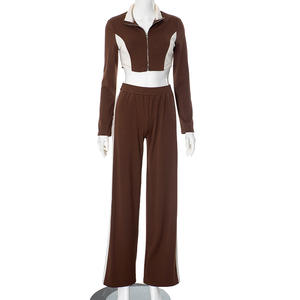 Весенний Женский Повседневный комплект из 2 предметов в стиле пэчворк на молнии с длинным рукавом с отложным воротником уличный топ с длинными брюками подходящие костюмы - Product Image 5