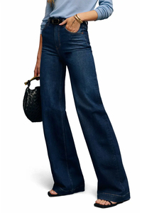 <b>Women</b> High Waisted Wide Leg <b>Dark</b> <b>Blue</b> Denim <b>Jeans</b> Regular Length All Seasons Pants With Pockets Woven Cotton - Product Image 2