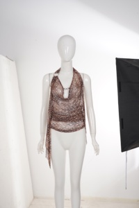 <b>Women's</b> Brown Polka Dot Halter <b>Top</b> Sheer <b>Mesh</b> Pleated V Neck Backless Blouse Sexy Summer Party Tank <b>Top</b> 2026 New Arrival - Product Image 6