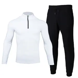 男士运动装慢跑运动服修身四分之一拉链衬衫和运动裤套装纯色两件套男士运动服