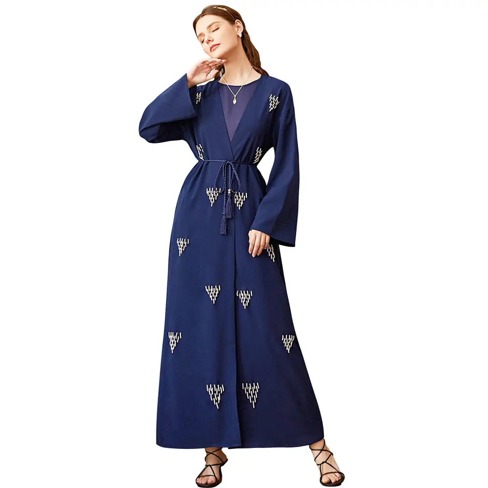2023 thiết kế mới handsewn ngọc trai hồi giáo cầu nguyện ăn mặc Arabic Áo cardigan Satin đính cườm sang trọng kaftan Dresses v-cổ dài tay áo