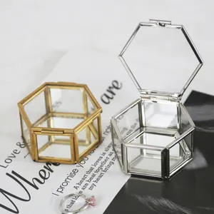 HOT Cheap Geometric Decorative Makeup Organizer Metal Brass Mini Glass Hexagon Jewelry Trinket Box For Gift