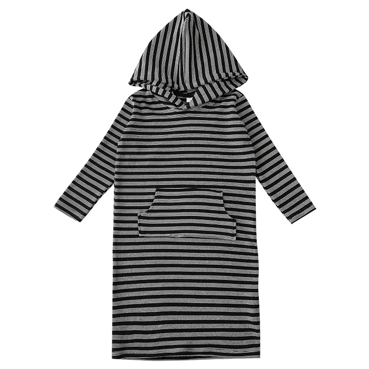 Young Girls Dynamic Striped Casual Dress Winter Children'S Sweet And Cute Windproof Hooded Kangaroo hoodie dress with pockets