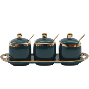 EE056 Ensemble de 3 pots à épices en céramique pour cuisine, support de rangement pour sel et poivre, plateau, cuillère, ensembles d'accessoires pour <span class=keywords><strong>condiments</strong></span>, pot à épices, pot à confiture - Product Image 1