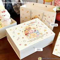 Coffret cadeau avec grand cadre photo à fermeture magnétique, motif animaux de dessin animé mignons, boîte carrée, bougie assortie, sac en papier couché, pour fête d'anniversaire
