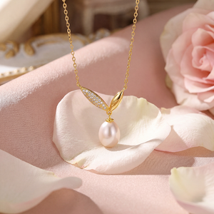 Collier élégant en cuivre doré avec pendentif double feuille en zircon cubique et perle coquillage rose en forme de goutte, style botanique, pour femme, cadeau - Product Image 3