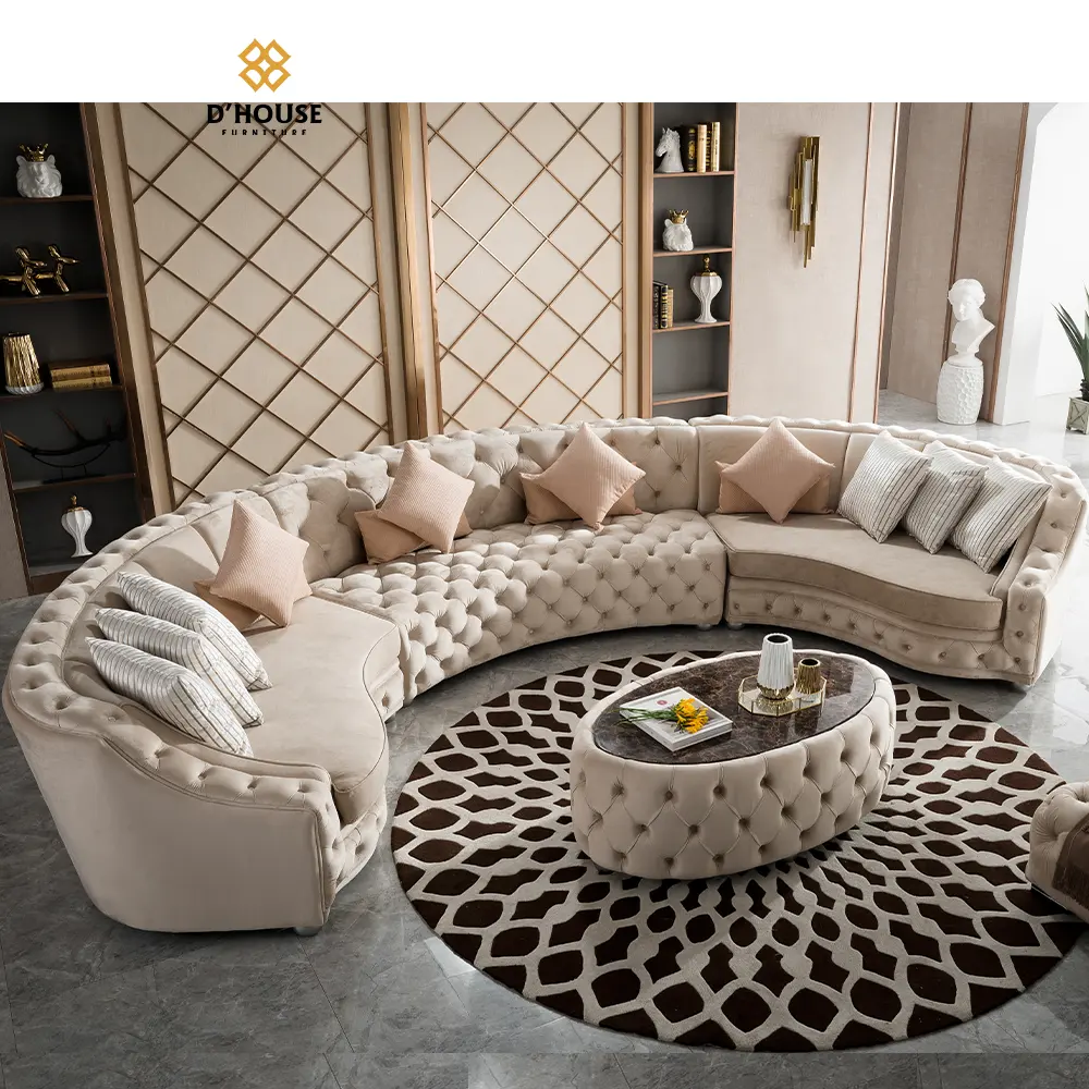 Bahasa Italia Desainer Mewah Modular Berlapis Kain Modern Beludru Chesterfield Kain Sudut Melengkung Sectional Sofa