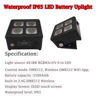 Projecteur LED sans fil RGBWAUV 4x18W IP65 étanche à batterie lithium, contrôle DMX512/WiFi via application, pour scène, intensité réglable