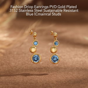 Women's Fashion Trendy Drop <b>Earrings</b> PVD Gold Plated 316L Stainless Steel Sustainable Resistant Blue <b>Crystal</b> <b>Studs</b> - Product Image 3