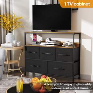 Meuble <span class=keywords><strong>TV</strong></span> de salon en gros, commode de chambre à coucher avec 5 boîtes en tissu avec support de rangement ouvert, <span class=keywords><strong>table</strong></span> <span class=keywords><strong>TV</strong></span> avec 4 <span class=keywords><strong>roulettes</strong></span> - Product Image 3