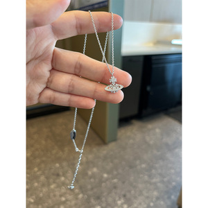 Collar con colgante pequeño de Saturno y copo de nieve hueco con diamantes completos, estilo Imperatriz Viuda, para mujer, cadena de bambú de plata 925, apilable, deportivo, para uso diario - Product Image 5