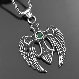 Stainless Steel Men's <b>Cross</b> Wing Pendant With Green Gemstone Asymmetrical Design Necklace Charm Gift - Product Image 2
