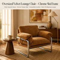 Fauteuil lounge individuel en velours d'inspiration Bauhaus du milieu du siècle ; Fauteuil club minimaliste italien légèrement luxueux avec accoudoirs en métal