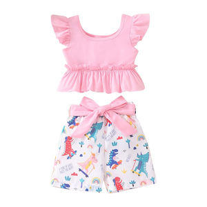 Vêtements d'été OEM Débardeurs à volants et shorts dinosaure léopard pour filles de 2 à 14 ans - Product Image 1