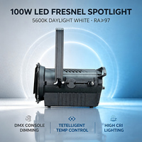 Projecteur LED Fresnel professionnel 100W zoomable, Ra97, CRI élevé, 5600K, blanc lumière du jour, portable, en alliage d'aluminium, DMX, dimmable