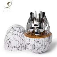 QIAN HU – Ensemble de couverts de luxe léger en acier inoxydable 304, motif treillis or et argent, forme œuf, style occidental, coloré, 24 pièces