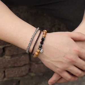 2Pcs a Set Gemstone Bead Stretch Bracelet <strong>Silver</strong> Dragon Head <strong>Bangle</strong> for <strong>Men</strong> Leather Bracelet for Couple Black Lava Stone Jewelry - Product Image 5