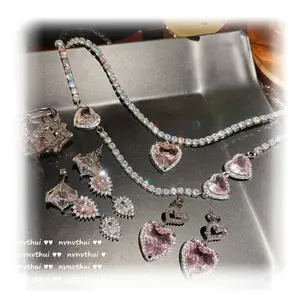 Luxury 2024 Fashionable Design Pink Crystal Zircon Copper Sunflower Necklace Purple Hearts fine Jewelry Sets for women