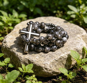 Collier Chapelet Chrétien en Obsidienne Naturelle et Yooperlite, Réactif aux UV, avec Pendentif Croix en Pierre d'Hématite, Bijoux pour Hommes - Product Image 3