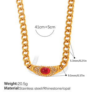 Collier pendentif œil de chat en acier inoxydable plaqué or 18 carats, chaîne cubaine, pierre verte ovale, bijoux pour femmes - Product Image 4