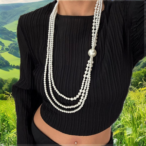 Collar de Cadena Larga Chapado en Oro con Perlas Grandes Multicapa para Mujer, Elegante con Borlas y Cuentas, Joyería para Fiesta y Boda - Product Image 2