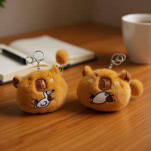 Portachiavi in peluche a forma di capibara, 11x12 cm, ricamato, in finta pelliccia, porta monete con pompon, design orsetto, per donne e ragazze - Product Image 3