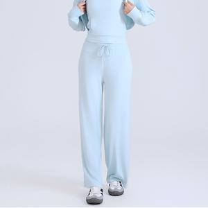 Pantalon de yoga pour femme à taille haute avec cordon de serrage, coupe large, doux, fluide, extensible, ample, décontracté, pour le fitness, style droit, vêtements de sport, vente en gros - Product Image 1