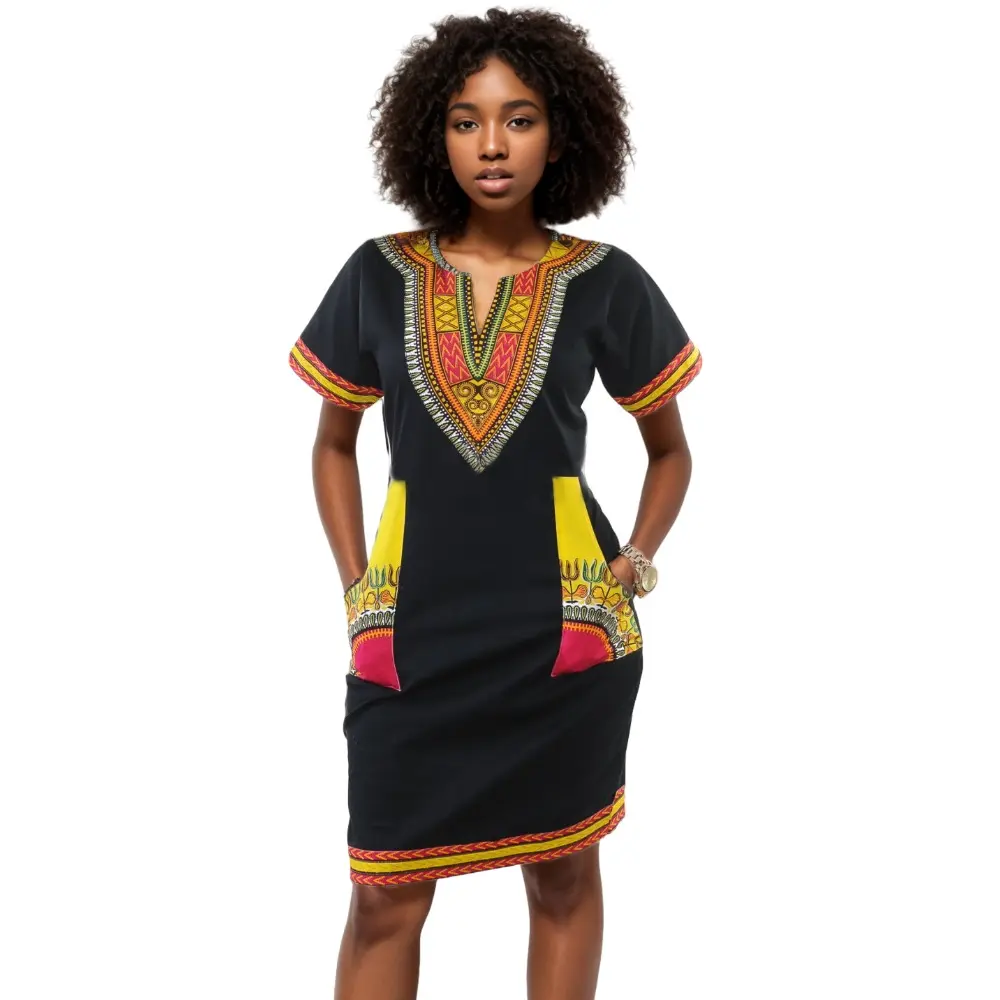 4 색 고품질 도매 가격 아프리카 인쇄 숙녀 꽉 대시 키 드레스