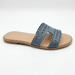 Sandalias Planas de Cuero Genuino Azul para Mujer, Marca Dlords, Punta Abierta, Deslizables, Transpirables, con Amortiguación de Aire, Diseño Floral, Antideslizantes - Product Image 1