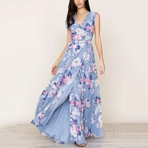 2022 Women's New Printed Fashion Dress Long Double V Slit Holiday A-line Dress Bridesmaid Dress