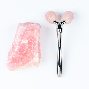 Natural Rose Quartz <b>Jade</b> <b>Roller</b> Manual Beauty Uplift V Face Massager 3D Face Massage <b>Roller</b> Metal Frame - Product Image 1