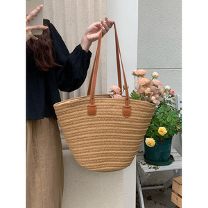 Bolso de mano tejido de paja de gran capacidad, color caqui, blanco, para vacaciones en la playa, para ir al trabajo, con cremallera y bolsillo para tarjeta de identificación - Product Image 1