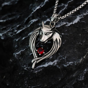 Stainless Steel Wolf Head Pendant <b>Necklace</b> With Red Zirconia For Men Hip Hop Style Animal Shape Jewelry Gift - Product Image 1