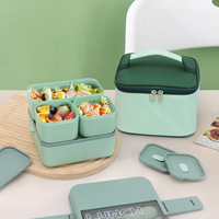 Boîte à lunch portable carrée de 1800 ml à double couche avec 3 compartiments, pour l'école, les adultes, le bureau, en plastique, avec sac, cuillère et fourchette