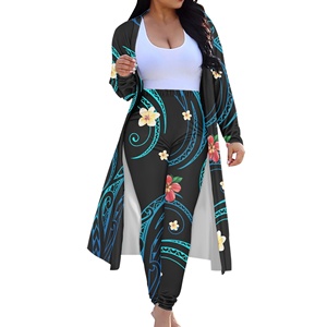 Impressão Floral das Mulheres Polinésia Manga Longa Kimono Cardigan Encobrir Blusa Casual Tops com Calças Compridas Roupas de Duas Peças Das Mulheres - Product Image 4
