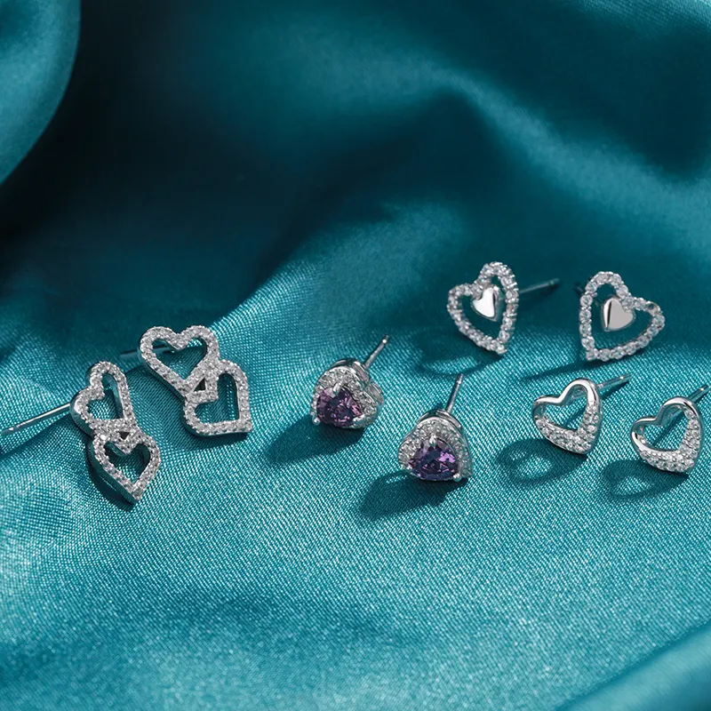 Nouveau 925 argent sterling plein diamant géométrique simple en forme de coeur zircone femmes boucles d'oreilles bijoux