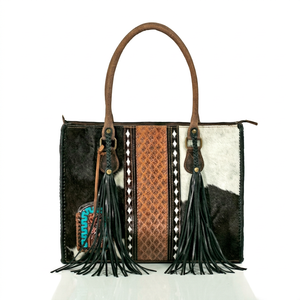 Bolso Bandolera de Cuero Vacuno Ecológico con Cremallera de Color Sólido, Estilo Vaquero Occidental con Flecos - Product Image 1