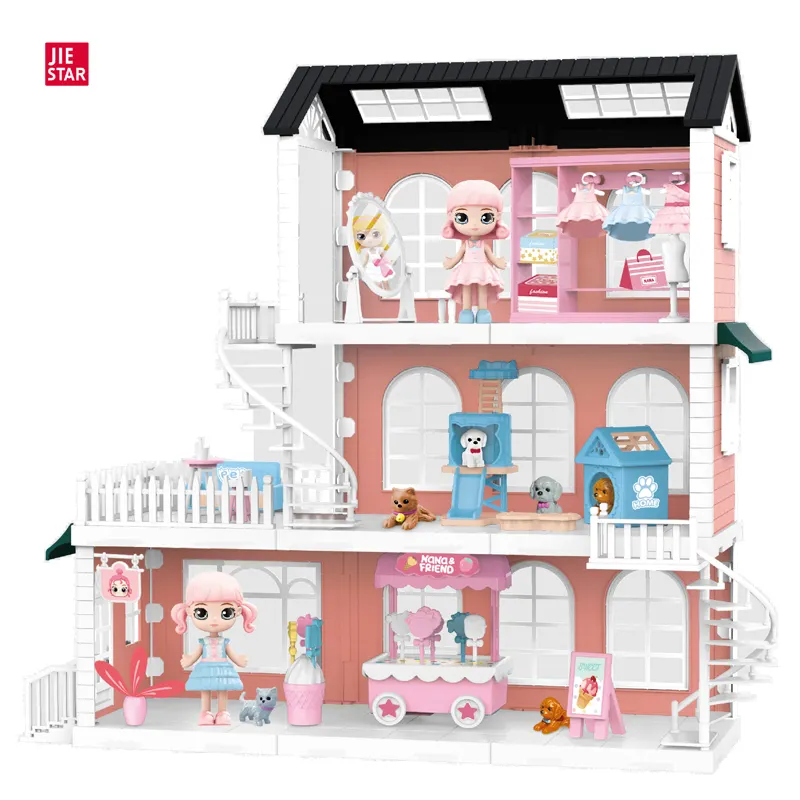 JIESTAR top sell three floors dollhouse play set with 2 pcs dolls casitas para ninas para jugar diy toys set girl toy doll house