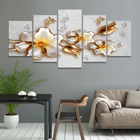 Mur 3D Art Décoration Peinture Fleur Toile Peinture Toile 5 Panneau Doré Acrylique Impression Numérique Moderne Cadre Personnalisé