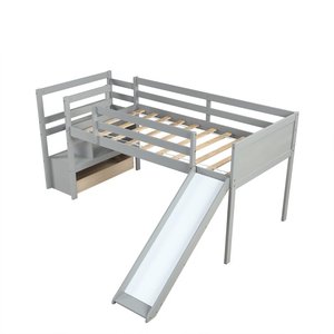 <b>Solid</b> <b>Wood</b> Twin Over Twin Low <b>Bunk</b> <b>Bed</b> with Slide and Ladder Guardrail for Kids-for Hotel Living Room or Bedroom - Product Image 1
