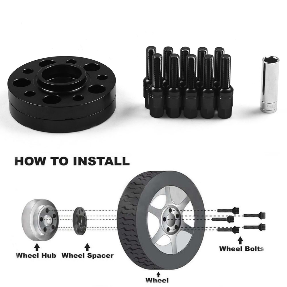 15mm/20mm Black Wheel Spacers For Audi A5 S5 RS5 Allroad - 66.6 CB, 5x112 PCD, Aluminum With Extended Bolts